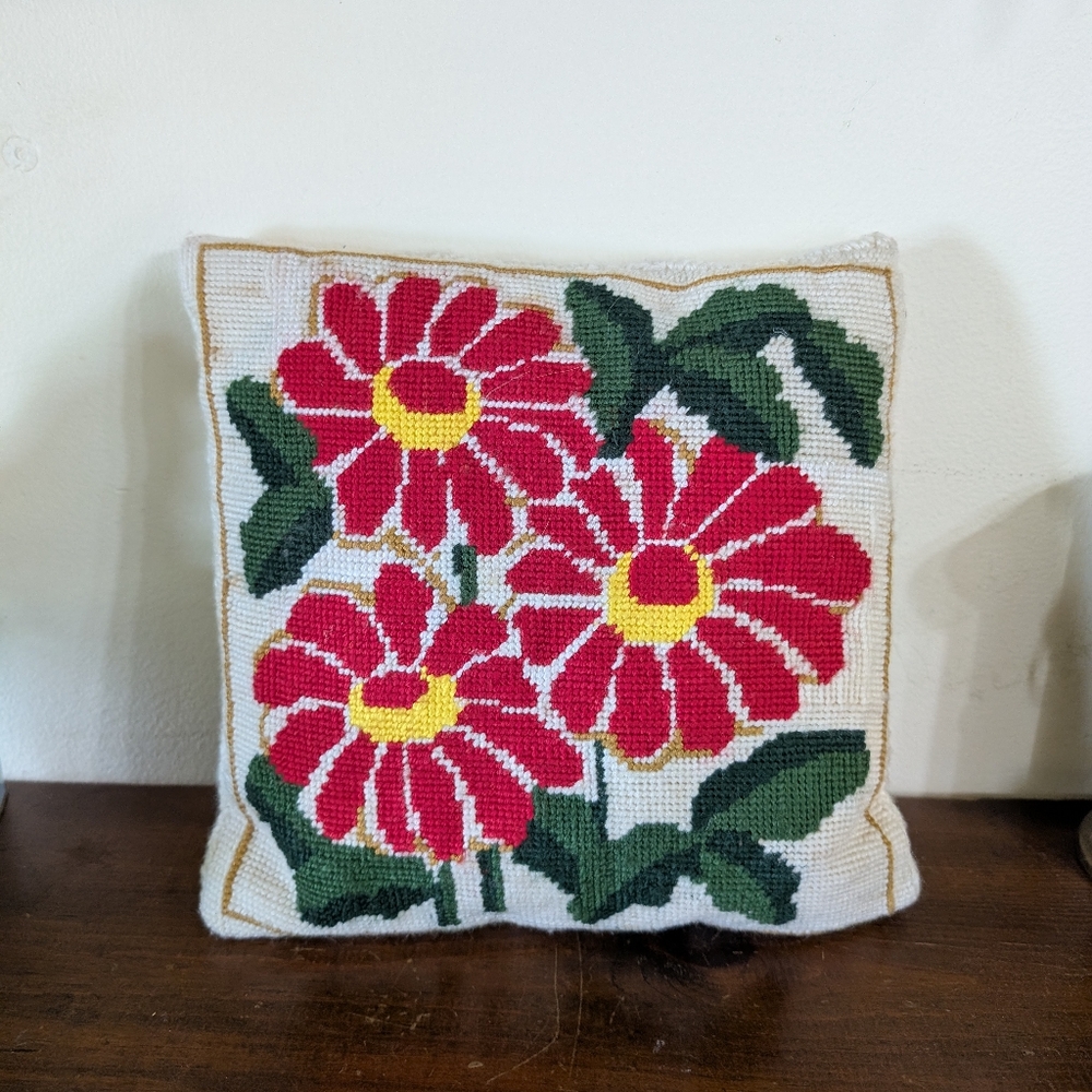Vintage Floral Needlepoint Throw Pillow - Pink Zinnias - Cottagecore Decor